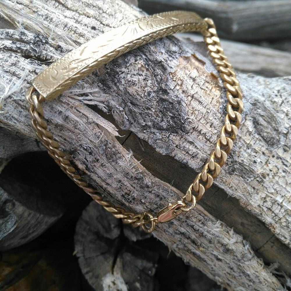 Vintage 1960s Etched ID Bracelet 14k Gold Plated